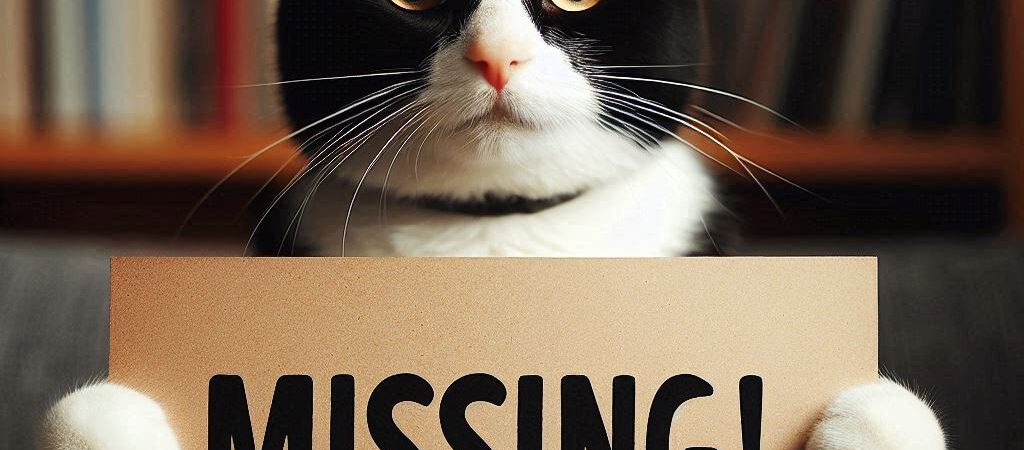 Schwarz-weiße Katze hält ein Schild mit der Aufschrift "missing!" englisch für vermisst hoch