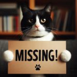 Schwarz-weiße Katze hält ein Schild mit der Aufschrift "missing!" englisch für vermisst hoch