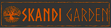 Logo Skandi Garden mit dem Baum des Lebens in Orange auf grauem Grund