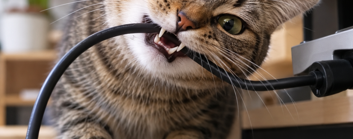 Tabbykatze knabbert an einem Kabel
