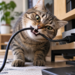 Tabbykatze knabbert an einem Kabel